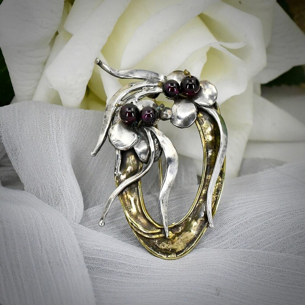 Vintage Brutalist Mixed Metal Brooch Silver Bronze Garnet Modernist Artisan